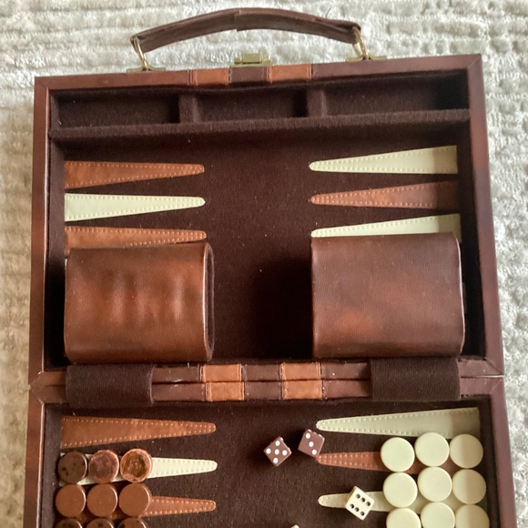 Vtg Backgammon Board Game Set Faux Brown Leather Travel Case Interior Stitched - Picture 3 of 16